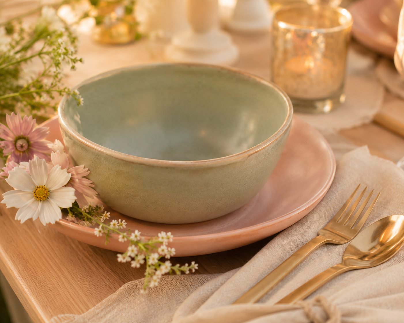 Close-up detail of Luca & Lily ceramic tableware and gold flatware